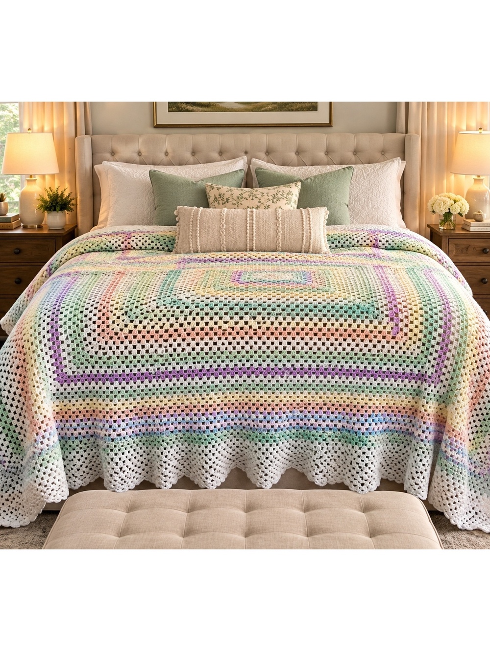 Vintage Granny Square Crochet Afghan Full Queen Acrylic 84”x 82” (7ftx7.8ft)